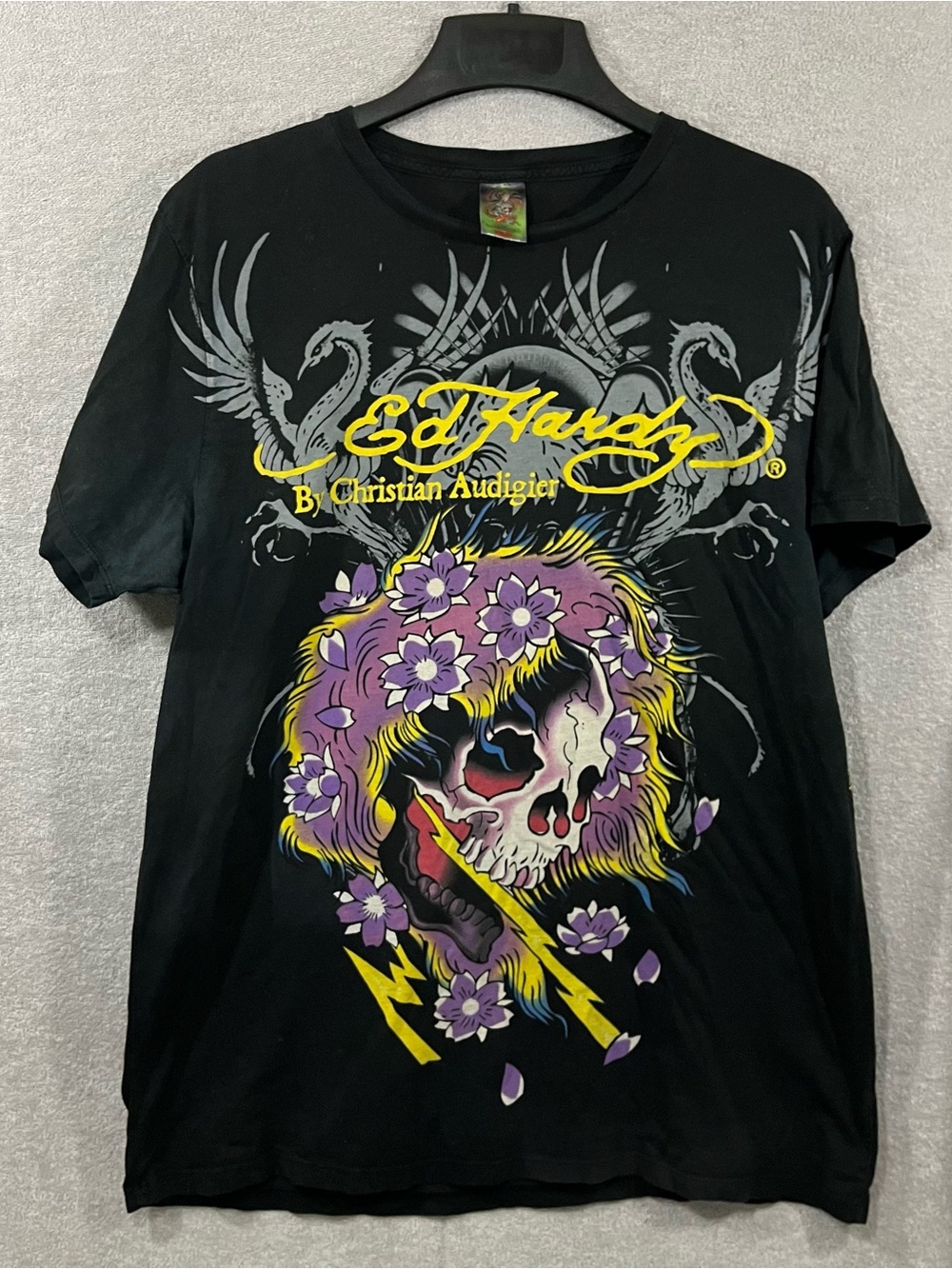 Ed Hardy Shirt Mens XXL Black Skull Print Faded Distressed Y2K Grunge Skater